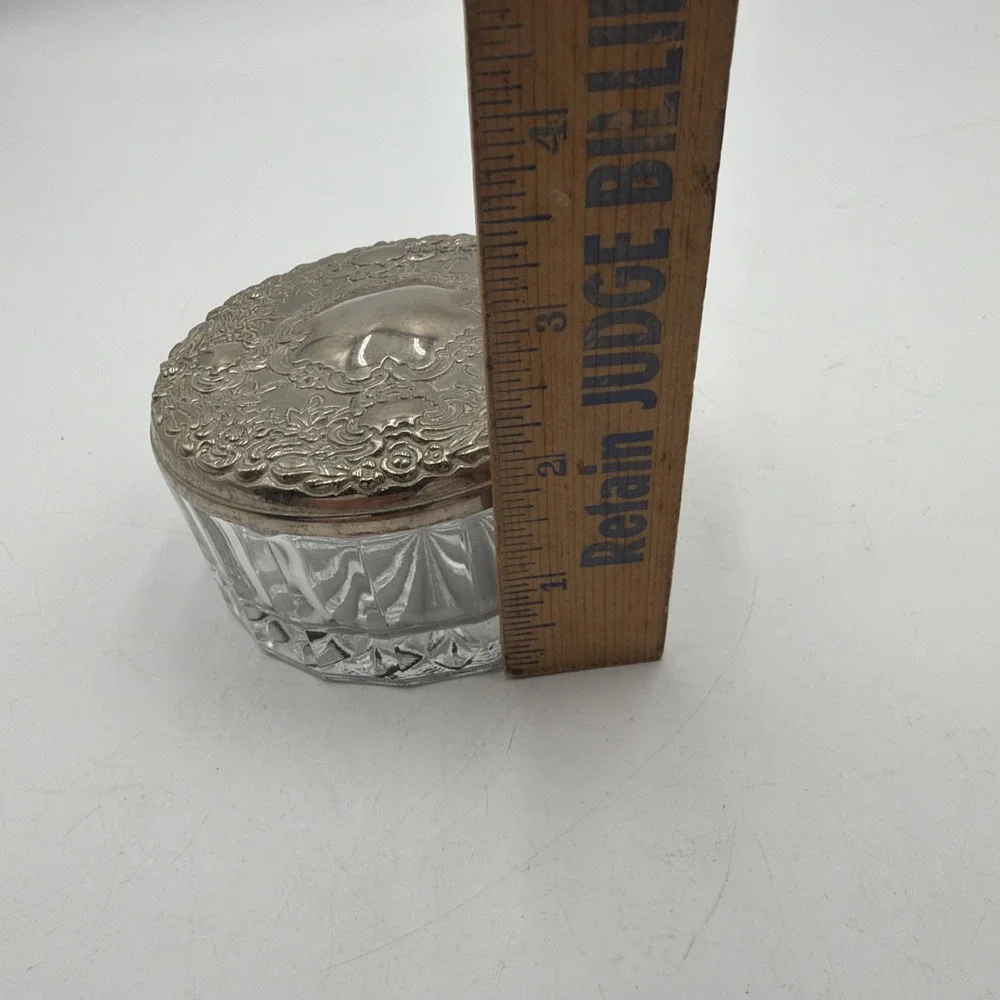Vintage Vanity Powder Dresser Jar Round Glass Silver Plated Jewelry Trinket Box